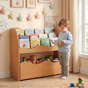 Móvel de Arrumação Infantil com Estante e Gavetas, 82 x 30 x 76 cm, 3 Prateleiras Abertas, Natural