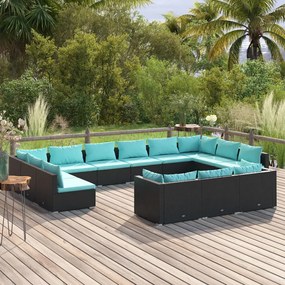 vidaXL 13 pcs conjunto lounge de jardim c/ almofadões vime PE preto