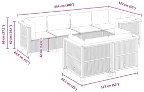 7 pcs conjunto de sofás p/ jardim com almofadões vime PE bege