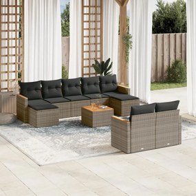 10 pcs conjunto sofás de jardim c/ almofadões vime PE cinzento