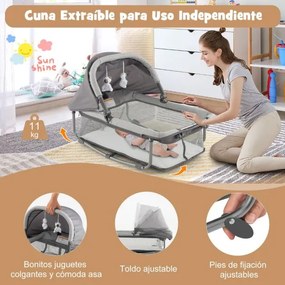 Berço e Centro de atividades bebés portátil 5 em 1 com berço de proteção, trocador de fraldas, colchão removível, 2 rodas, 110 x 78 x 78 cm, cinza