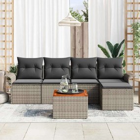 Sofá de Jardim 6 Peças com Almofadas Cinzas em Rattan Sintético e Acác