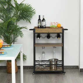 HOMCOM Carrinho de cozinha multifuncional com 3 prateleiras 77x44,5x91 cm Madeira rústica