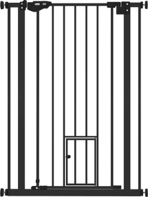 PawHut Barreira de Segurança Ajustável com Porta Pequena, Fecho Automático e Sistema de Bloqueio Duplo 74-80 x 104,1 cm Preta | Aosom Portugal