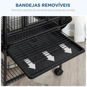 Gaiola para Pássaros com Suporte e Rodas 62,5x62,5x156cm Gaiola Metálica para Aves com Ponte de Arco 2 Poleiros 4 Comedouros 2 Bandejas Removíveis e P