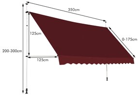 Toldo 350 x 125 cm Exterior telescópico Altura Ajustável 2-3 m com Manivela e Resistente às Intempéries Toldo Manual para Jardim e Varanda Cor Vinho