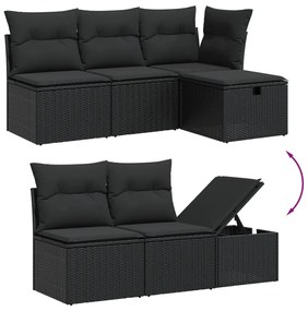 7 pcs conjunto de sofás p/ jardim c/ almofadões vime PE preto