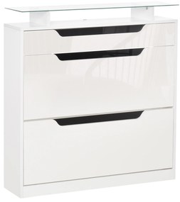 HOMCOM Móvel Sapateira de 2 Portas Sapateira Estreito para 16 Pares de Sapatos com Gaveta Prateleira Aberta e Bancada de Vidro para Corredor Entrada 89x23x96cm Branco