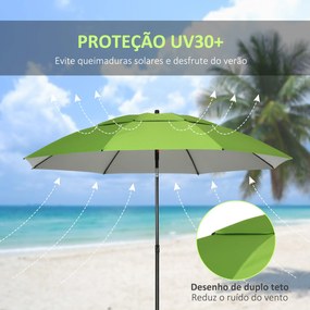 Chapéu de Sol de Praia com Teto Duplo Ângulo Ajustável Proteção UV30+8 Varas de Aço e Bolsa de Transporte Ø185x205 cm Verde