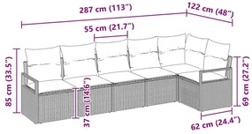 Conjunto de sofá de jardim com 6 peças e almofadas cinza em rattan pol