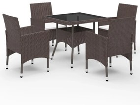 vidaXL 5 pcs conj. jantar p/ jardim vime PE e vidro temperado castanho