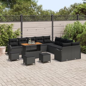 Conjunto de Sofá de Jardim de 14 Peças com Almofadas Preto Rattan Poli
