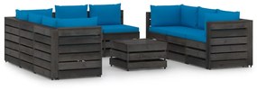 9 pcs conj. lounge jardim + almofadões madeira impreg. cinzento