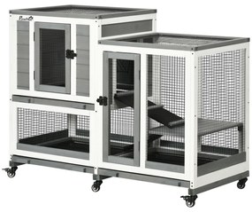 Coelheira de Madeira Interior Gaiola para Coelhos de 2 Níveis com Rodas 2 Rampas 3 Bandejas Amovíveis 110x50x86 cm Cinza