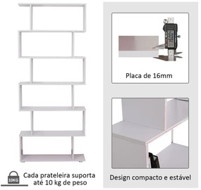 Estante Moderna em forma de S tipo Biblioteca de 6 Prateleiras- Madeira– Cor: Branco- 80 x 25 x 192 cm