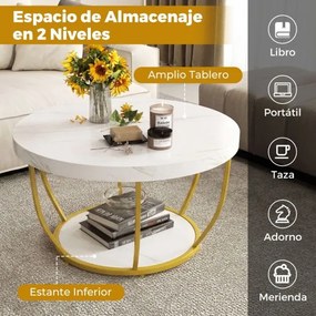Mesa de centro redonda 80 cm de 2 níveis com arrumação com Estrutura metálica para sala de estar Branca