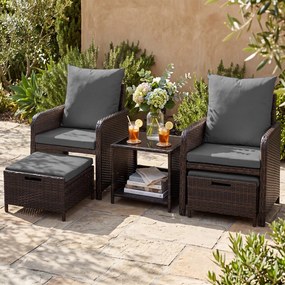 Conjunto de 5 Peças de Mobiliário de Jardim, 2 Cadeiras, Mesa e 2 Apoios para os Pés, 45,5 x 45,5 x 43 cm, Rattan PE Resistente, Cinzento