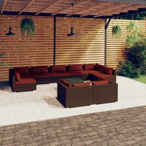 vidaXL 10 pcs conjunto lounge jardim c/ almofadões vime PE castanho