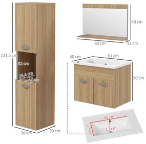 Conjunto de Móveis Casa de Banho 3 Peças com Espelho Móvel com Lavatório Cerâmico e Coluna de Casa de Banho Madeira