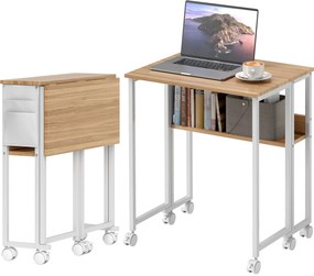 Secretária dobrável com rodas, 63 x 50 cm, com prateleira e saco de arrumação, em cor madeira natural