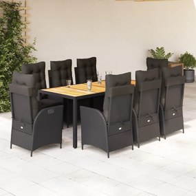 9 pcs conjunto de jantar p/ jardim c/ almofadões vime PE preto