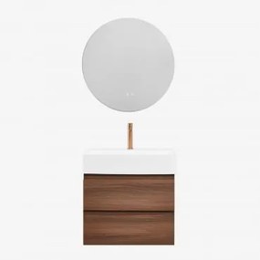 Conjunto De Móvel De Casa De Banho Em Madeira E Chapa De Freixo Com Lavatório Integrado Ona Madeira Escura & Redondo Led E - Sklum