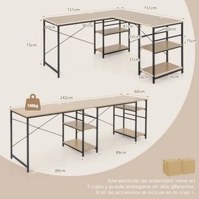 Secretária com prateleiras de armazenamento em forma de L Secretária de canto industrial em madeira 242 × 60 × 75 cm Natural