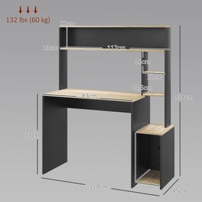 Secretária para Computador com Prateleira de 3 Níveis Mesa de Estudo com Suporte para CPU 114x45x138 cm Cinza e Natural