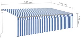 Toldo autom. c/ estore/LED/sensor de vento 5x3 m azul/branco
