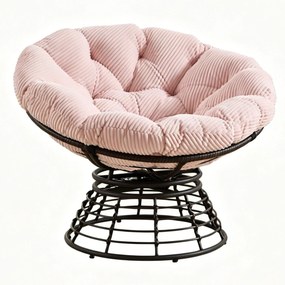 Poltrona Papasan, giratória 360°, almofada espessa(Veludo Cotelê), estrutura em aço, 92x92x67 cm, Rosa| AOSOM Portugal