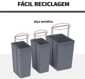 Cubos de Lixo para Cozinha com 3 recipientes de Reciclagem Removíveis 1x20L e 2x10L Metal e Plástico 48x34,2x41,8cm Cinza