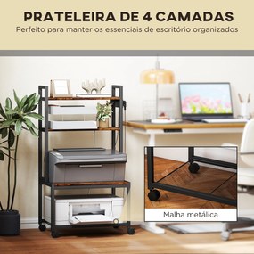 Suporte para Impressora com Estação de Carregamento Móvel para Impressora de 4 Níveis com Rodas e Estrutura Metálica 55x37,5x100 cm Castanho Rústico