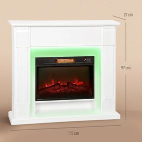 Lareira Elétrica com Efeito de Chama 3D e Tira de Luz LED RGB 1800W Temporizador  para 30 m² 105x27x97 cm Branca