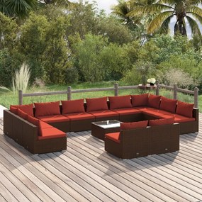 13 pcs conjunto lounge jardim c/ almofadões vime PE castanho