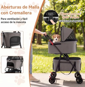 Carrinho duplo para animais de estimação 3 em 1, dobrável, com 2 caixas de transporte removíveis, assentos tipo cadeira de carro, 4 rodas, bloqueio de