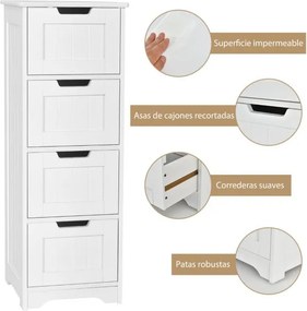 Armário arrumação multifuncional com 4 gavetas para casa de banho, cozinha, quarto, sala 30 x 30 x 83 cm Branco