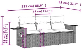 3 pcs conjunto sofás de jardim com almofadões vime PE preto