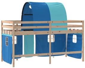 Cama alta p/ criança c/ túnel 90x200 cm pinho maciço azul