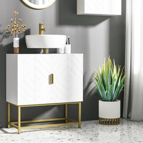 Móvel para Lavatório (NÃO INCLUIDO) Pousar Armário para Casa de Banho Moderno com 2 Portas e Pés de Aço 60x30x65 cm Branco e Dourado