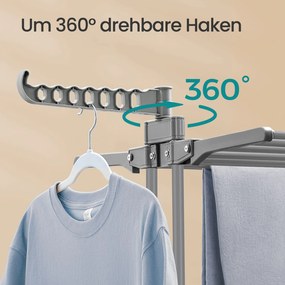 Estendal de roupa com 4 níveis, com abas dobráveis e rodas 63,5 x 128 x 173 cm cinzento