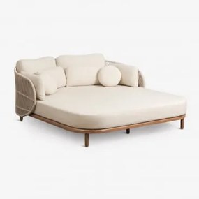 Espreguiçadeira Dupla Com Almofadas Em Madeira De Acácia E Corda Trançada Capri Beige Creme - Sklum