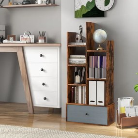 Estante de 7 níveis com gaveta e 7 compartimentos Estante de madeira para sala de estar Quarto 53 x 24 x 118 cm Castanho