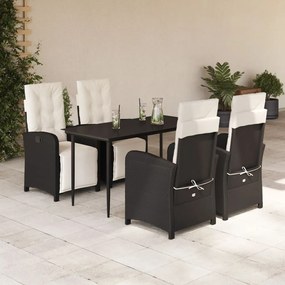 5 pcs conjunto de jantar p/ jardim c/ almofadões vime PE preto