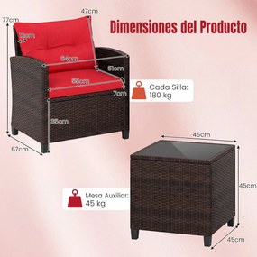 Conjunto de 3 Peças de Bistró Exterior com 2 Cadeiras e Mesa Auxiliar, 67 x 64 x 77 cm, Rattan PE Entrançado à Mão, Castanho e Vermelho