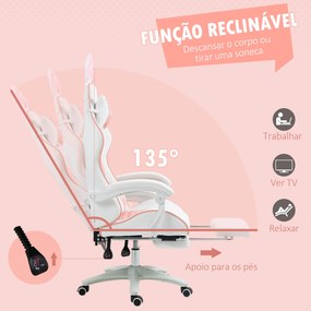 Cadeira Gaming Giratória de Couro PU com Altura Ajustável Inclinável 135° Apoio para a Cabeça 65x63x136-142 cm Rosa e Preto