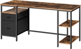 Secretária com 3 prateleiras e 2 gavetas 60 x 160 x 76 cm, castanho vintage-preto