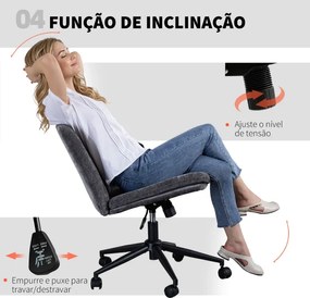 Cadeira de Escritório com Assento Largo sem Apoios de Braço Rodas Altura Ajustável Giratória Função Basculante 62x67x83-93 cm Cinza