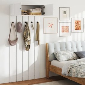 Cabide de parede para hall de entrada 90 x 33 x 210 cm com 5 ganchos duplos e armário com 2 portas e prateleira superior Branco