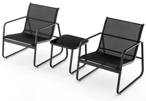 Conjunto Jardim 3 peças com mesa e 2 cadeiras de metal para exterior com tecido respirável e tampo de mesa em vidro preto