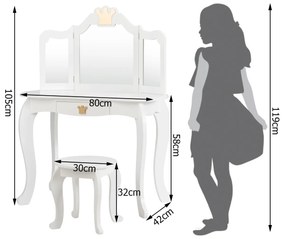 Conjunto Toucador e cadeira para Meninas com gaveta e espelho em 3 partes 80 x 42 x 106 cm Branco